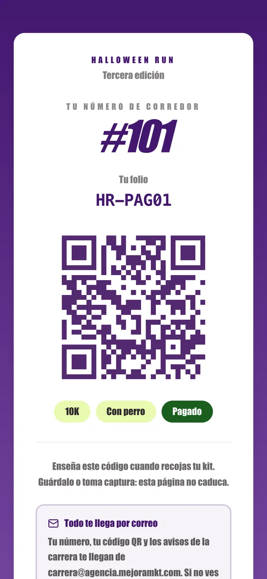 El folio y QR del corredor